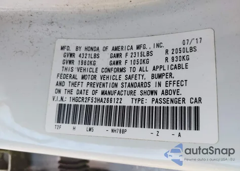 2017 Honda Accord Sport z USA, uszkodzony, nr VIN 1HGCR2F53HA266122